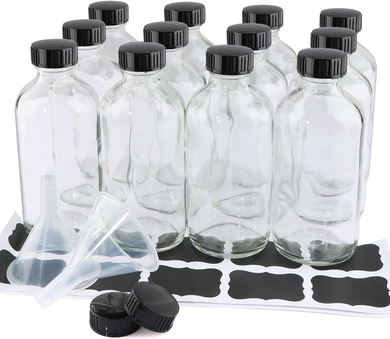 PINIWON 12 Pack 8 oz Clear Glass Bottles, 240ml Boston Round Sample Bottles with Black Poly Cone Caps, Labels and Funnels - Image 1